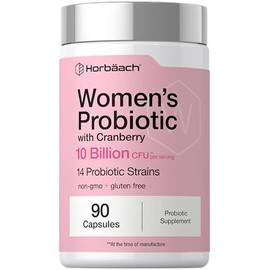 Horbäach Women's Probiotic with Cranberry Supplement | 10 Billion CFU | 14 Probiotic Strains | 90 Capsules | Non GMO, Gluten Free