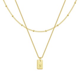 RWQIAN Initial Necklaces for Women,Dainty Gold Plated Name Letter Necklace,Non Tarnish Layered Chain with Initial N Tag Pendant Choker Charm Waterproof Trendy Thin Chain Jewelry Gifts for Women
