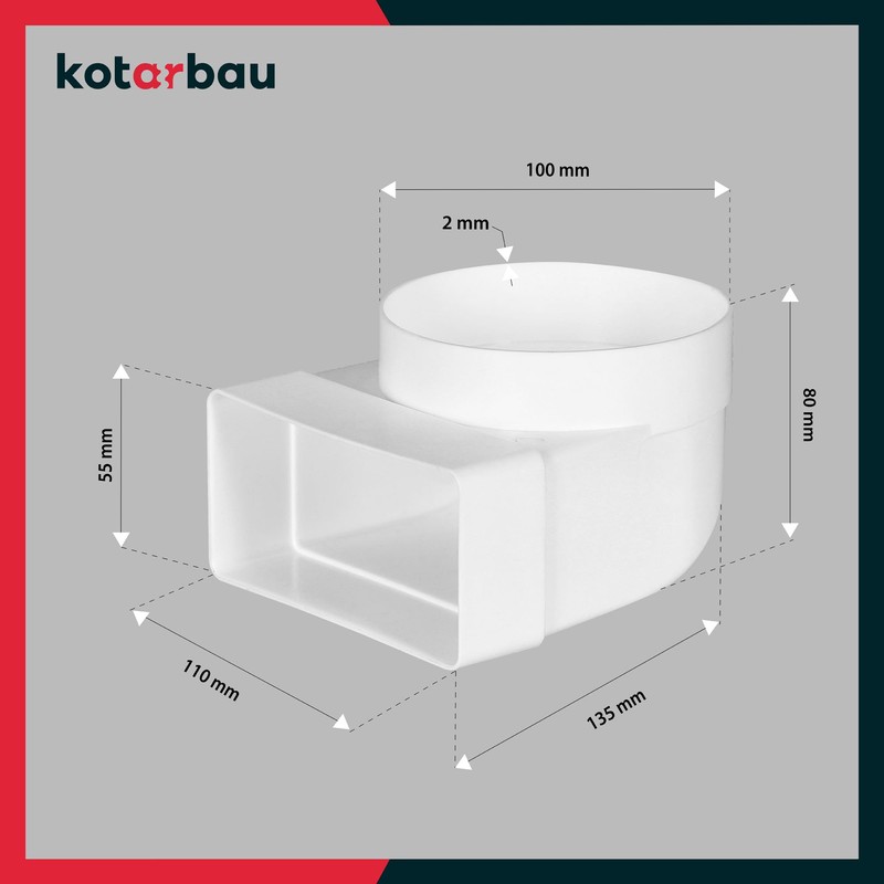 KOTARBAU® Flat Duct Deflection Piece 90° for Ventilation Duct Round-Square