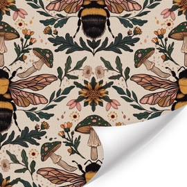 HLNIUC Vintage Bumblebee Mushroom Wallpaper Peel and Stick 17”x118”Boho Bees and Flowers Contact Paper,Botanical Mushroom Honeybee Wall Paper,Retro Insect Plants Wall Mural for Living Room Bedroom