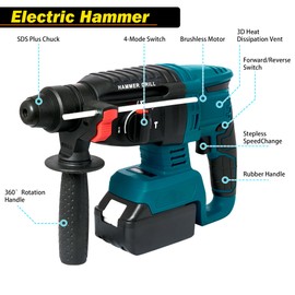 SELFIE CAT Power Tool Combo Kits, 4 Pieces Brushless Machine Set Electric Hammer/Angle Grinder/Impact Wrench/Drill Supplied in 1 Large Carry Case, Electric Tools