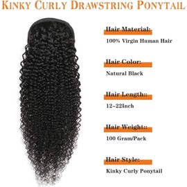 Datanala Brazilian Remy Kinky Curly Ponytail Extensions 24Inch Human Hair Drawstring Ponytail Extension Clip in Hair Extensions Nature Black Color for Black Women