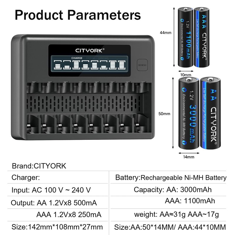 CITYORK Rechargeable Batteries with Charger, 8 Pack AA 3000mAh &