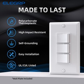 ELEGRP Decorator Triple Rocker Light Switch, Electrical Three Single Pole Paddle Switch, 15A, 120V, in-Wall On/Off, Self-grounding, Wall Plate is Included, UL Listed (2 Pack, Glossy White)