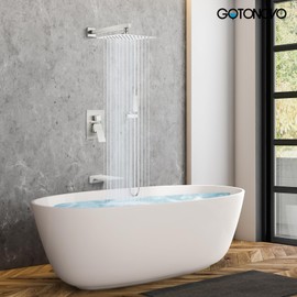 gotonovo Shower System with Tub Spout,Waterfall Tub Shower Faucet Set for Bathroom with 10 inch Rain Shower Head and Handheld Spray Wall Mounted Rough-in Valve and Trim Included Brushed Nickel