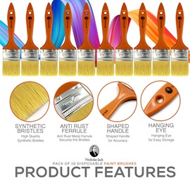 10 Pack Paint Brushes Ideal for Walls & Ceilings, Paint Brush Set with Synthetic Bristle Brush, Heavy-Duty Gloss Paint Brush for Fiberglass and Laminating (2 Inch)