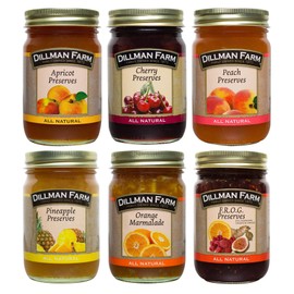 Dillman Farm Refreshing Preserves Variety Pack (6 pack)| Apricot Preserves, Cherry Preserves, Peach Preserves, Pineapple Preserves, Orange Marmalade, FROG Preserves| - All Natural, Gluten-Free, Non-GMO, Vegan, Kosher, Eco-Friendly, Preservative Free, Corn Syrup Free - Made in USA, 16 oz 6 Pack