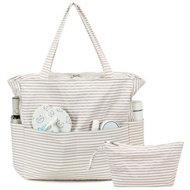 LOIDOU Large Beach Tote Bag Waterproof Sandproof Beach Pool bag with Zipper & Wet Pockets Shoulder Bag Travel Teacher Grocery (khaki stripe)