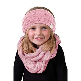 Funky Junque Girls Boys Infinity Scarf Matching Hat Beanie Tail Headwrap Bundle, Indi Pink - Ribbed Knit Headwrap & Scarf, One Size