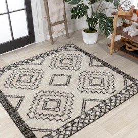 JONATHAN Y MOH200A-3SQ Amir Moroccan Beni Souk Area Rug, Bohemian, Scandinavian, Transitional, Rustic for Bedroom, Kitchen, Living Room, Easy-Cleaning, Cream/Black, 3' Square