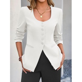 Cicy Bell Womens Business Work Casual Blazers Button Down Scoop Neck Split Hem Fitted Suit Jackets White