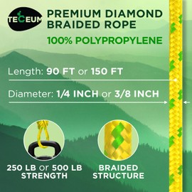 TECEUM Rope – 90 Feet x 1/4 Inch (7mm) – Neon Mix – Strong All-Purpose Utility Rope – Camping, Crafting, Flag Pole, Indoor & Outdoor – Polypropylene Nylon Poly Lightweight Diamond Braided Cord