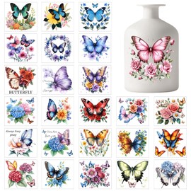 GLOBLELAND 25 Blatt Schmetterlingsblumen Bunte Einmachglas Aufkleber Rosen Und Hortensien Kunststoff Aufkleber Selbstklebender Laternenglas Aufkleber Für Fenster Lampen Gläser Tassen Vasen