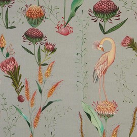 Kt KILOtela - Digital Printed Canvas Fabric, Half Panama Organic Cotton, Decoration, Upholstery, Cushions, Curtains, Bedspreads, Tablecloths, 100 x 280 cm, Petit Paradis, Herons, Grey, 1 Metre