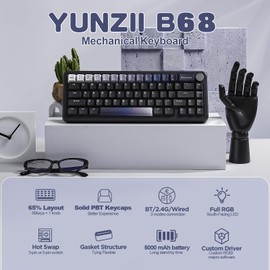 YUNZII B68 Wireless Mechanical Keyboard,Tri-Mode BT5.0/2.4GHz/USB-C Hot Swappable Gasket Creamy Keyboard, RGB Backlit NKRO, Cute Keyboard for Win/Mac (Black, Milk V2 Switch)