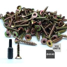 DOJA Barcelona Chipboard Screws with Torx Bit | 100 Wood Screws Countersunk Head 4 x 40 mm + 1 T20 | Wood Screws Galvanised Steel | Countersunk Screws Full Thread + Tip | Chipboard Screws Flat Head