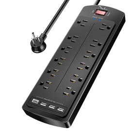Nuetsa Power Strip, Nuetsa Surge Protector with 12 Outlets and 4 USB Ports, 6 Feet Flat Plug Extension Cord (1875W/15A) for for Home, Office, Dorm Essentials, 2700 Joules, ETL Listed (Black)