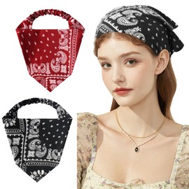 Kzvsiy 2-Pack Boho Head Kerchiefs, Elastic Hair Scarf Headbands, Paisley & Floral Chiffon Triangle Bandanas, Adjustable Turban Headwraps, Floral Hair Scarves for Women & Girls (Claret, Black)