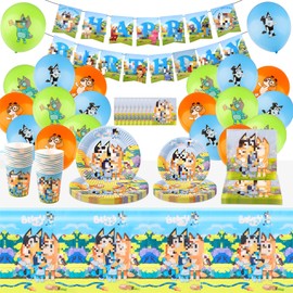 Pbly 70PCS Blue y Dog Birthday Party Decorations, Cartoon Theme Party Supplies Include Birthday Banner, Balloons, Happy Birthday Plates, Tablecloth for Kids Birthday Party