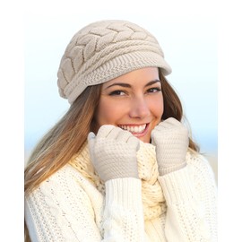 SATINIOR 4 Pieces Winter Hat and Glove Women Set, Warm Knitted Beanie Hat Snow Ski Skull Cap with Visor and Touchscreen Glove (Black, Beige)