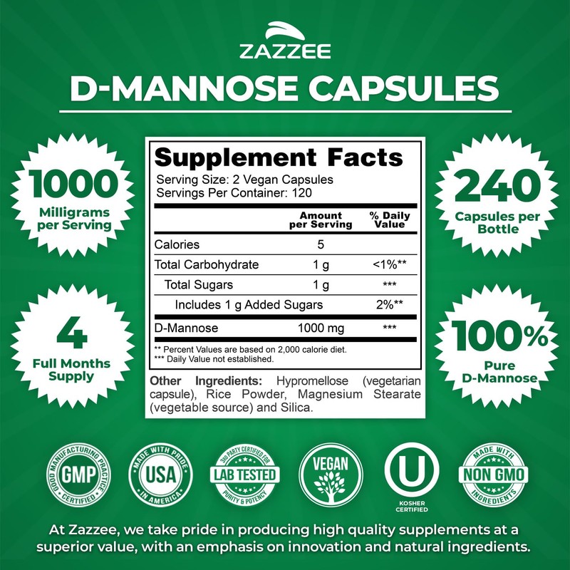Zazzee D-Mannose, 1000 mg per Serving, 240 Vegan Capsules, 4
