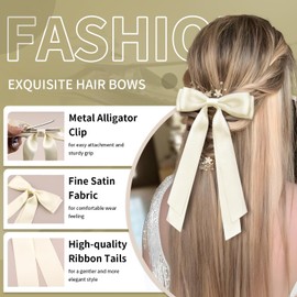 2PCS Silky Satin Hair Bows, Cute Vintage Bow Hair Clips Double Ribbon Tassel Ponytail Holder Accessories With Metal Barrette for Women (Beige)