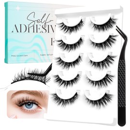 Bepholan Self Adhesive Eyelashes Natural Look Pre Glued No Glue Need Eyelashes Press On Lashes Reuseable Waterproof False Eyelashes Wispy with Tweezer 5 Pairs(CVJ221)