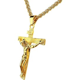 Reizteko Stainless Steel Antique Cross Crucifix Pendant Necklace For Men 24 Inch (Gold)