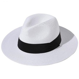 Women Wide Brim Straw Panama Roll up Hat Fedora Beach Sun Hat UPF50+ - Color: White
