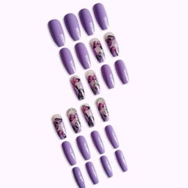 Hkanlre Purple Press on Nails Tips Long Coffin Fake Ballerina Nails French Crystal Butterfly Full Cover False Nails for Women and Girls 24PCS