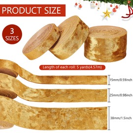 BENECREAT 15 Yards 3 Styles Goldenrod Velvet Ribbon, Gold Crushed Velvet Christmas Velvet Ribbon for Gift Wrapping Tree Decoration Crafts Wreaths Supplies