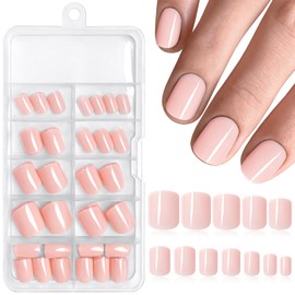 Bellelfin 120pcs Short Press on Nails Nude Full Cover Short Square Glossy Fake Nails Acrylic Artificial False Nail Tips with 5 Sheets Adhesive Glue Tabs for Women and Girls Fingernails Design