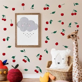 Fruit Wall Decals Peel and Stick Red Cherry Wall Decals Kitchen Wall Stickers Fruit Leaf Wall Stickers Cherries Cute Fruit Wall Stickers for Nursery Kids Room Bedroom Decor