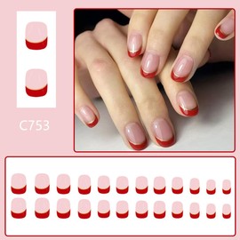 Red French Tips Press on Nails Christmas Short Square Oval Fake Nails with Design Gold Line Glue on Nails Nude Stick on Nails Reusable Glossy Winter Nails for Women Girls Daily Manicure 24pcs