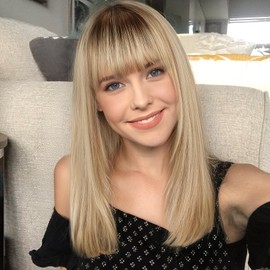 ELLORS Ash Brown Blonde Blend 16inch Human Hair Wigs for Women Shoulder Length Layered Real Hair Wig with Natural Look and Bangs