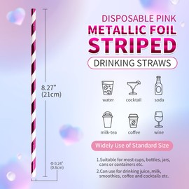 PakTalk Striped Paper Straws, 100Pack Metallic Rose Gold Striped Disposable Straws for Drinking Biodegradable Paper Straws for Valentines, Holiday, Party (0.24''*8.27'', Gold Striped)