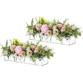 Jarrones rectangulares de acrílico para centros de mesa, jarrón floral de 16 pulgadas de largo con agujeros para flores, bandeja de caja rectangular transparente para rosas, arreglador moderno de