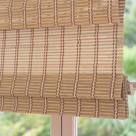 Sunbox Cordless Bamboo Roman Shade Blind, Woven Wood Roman Shades, Light Filtering Natural Bamboo Shades for Windows, French Doors, 26" W x 64" H, Caramel Brown