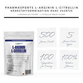 Arginin Citrullin Mix Pulver hochdosiert - 5000mg L-Citrullin Malat + L-Arginin HCL pro Portion - Fitness, Pump und Bodybuilding - 500g Premiumqualität ohne Zusätze