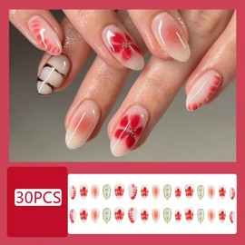 30PCS Flower Press on Nails Short Fake Nails Almond Shaped Acrylic Nails Press on Nude Gradient Glue on Nails Cute False Nails Glossy Full Cover Stick on Nails for Women Girls