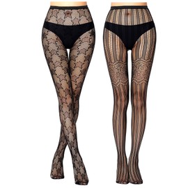 AYNKH Womens Black Patterned Fishnet Tights, High Waisted Stretchy Pantyhose Goth Stockings Fashion Leggings for Night Club Party Festivals, Flower Leopard Star Rose Lace (Star+Lace)