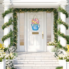 Spring Flower Door Sign Spring Door Decor Hello Spring Sign Welcome Sign for Front Door Colorful Wooden Spring Hanging Decorations for Home Indoor Outdoor Farmhouse Porch Decor (Watering Can)