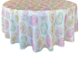 Newbridge Easter Egg Delight Fabric Tablecloth, Happy Easter Bunny Rabbit, Easy Care Stain Resistant Spring Fabric Tablecloth, 70” Round