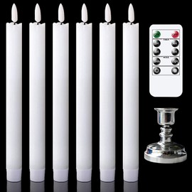 GenSwin Window Flameless Taper Candles with Remote & Timer, Real Wax Battery Operated Flickering LED Candles with Removable Silver Candle Holders for Wedding/Party/Birthday Decor(Pack of 6, White)