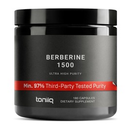 Toniiq Ultra High Strength Berberine HCl from The Himalayas - 100:1 Concentrated Extract - Lab-Tested 97% Berberine HCl - 180 Vegetarian Capsules, 1500 mg per Serving