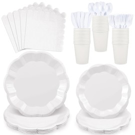 175 Pcs White Party Plates Cups and Napkins Set, 25 Guest White Party Supplies Include Scalloped Plate Paper Napkin Cup Forks Knives Disposable Plastic Cutlery for Wedding Baby Shower Birthday Party