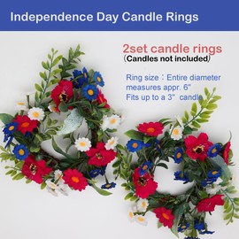 Independence Day Candle Ring 2 Pcs 3'' (Inner) 6'' (Outer) Diameter Floral Candle Rings Artificial Flowers Red-White-Blue Mini Wreaths Ideal Independence Centerpiece for Candle Candle Wreath