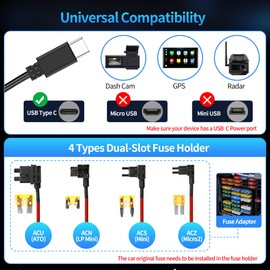 AUCARAUTO Dash Cam Acc Hardwire Kit with USB-C Power Port & LED Voltmeter and 4 Adjustable Low Voltage Protection Switches, 11.5ft Multi-Size Hardwire Kit for Dash Camera 24H Parking Monitoring