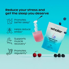 wholier Magnesium Glycinate, Tart Cherry Juice, Chelated Calcium. Calming Nighttime Drink. Natural Support for Sleep, Stress + Relaxation. Night Minerals. (30 Servings)