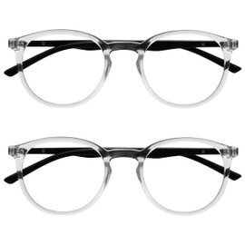 OPULIZE Met - Reading Glasses with Blue Light Blocking 2 Pack Slim Round Frame Spring Hinges Improve Sleep Computer Gaming Anti-Reflective Transparent Mens Womens BB60-C +3.00